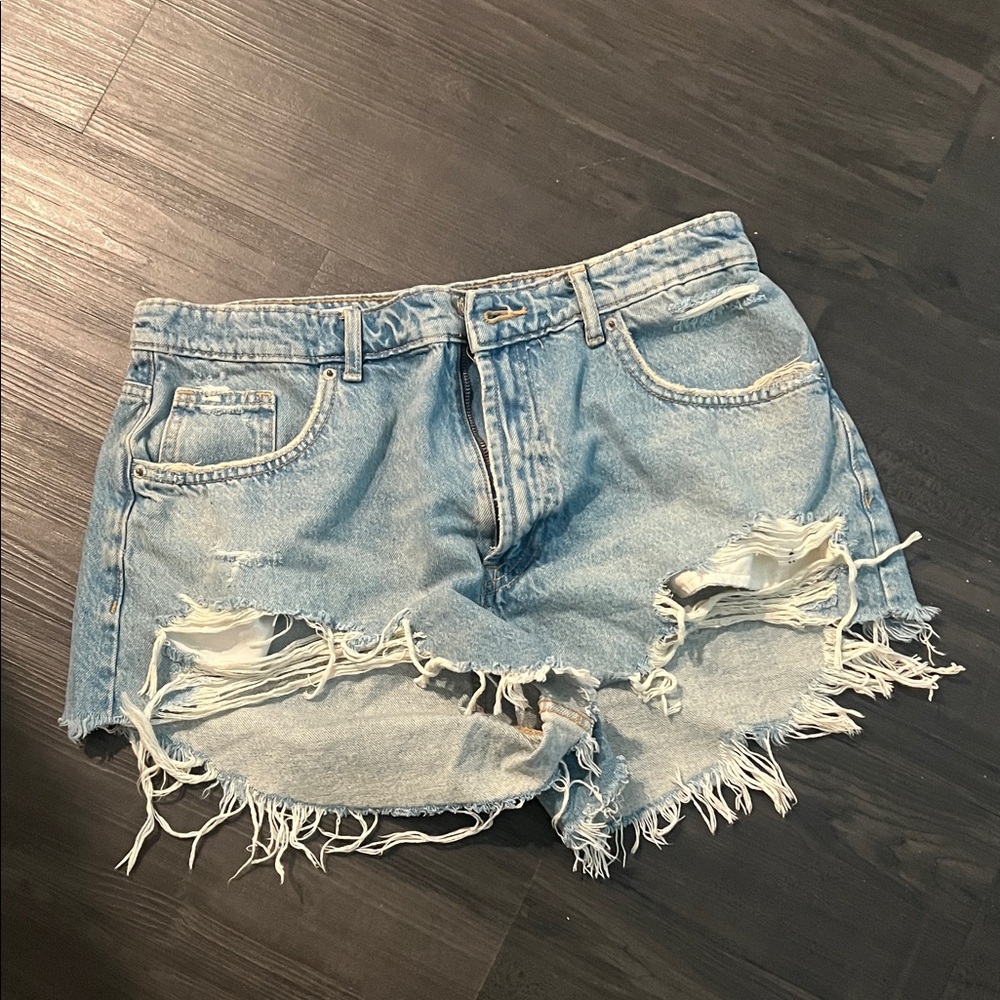 Zara denim high waisted ripped shorts USA 12
